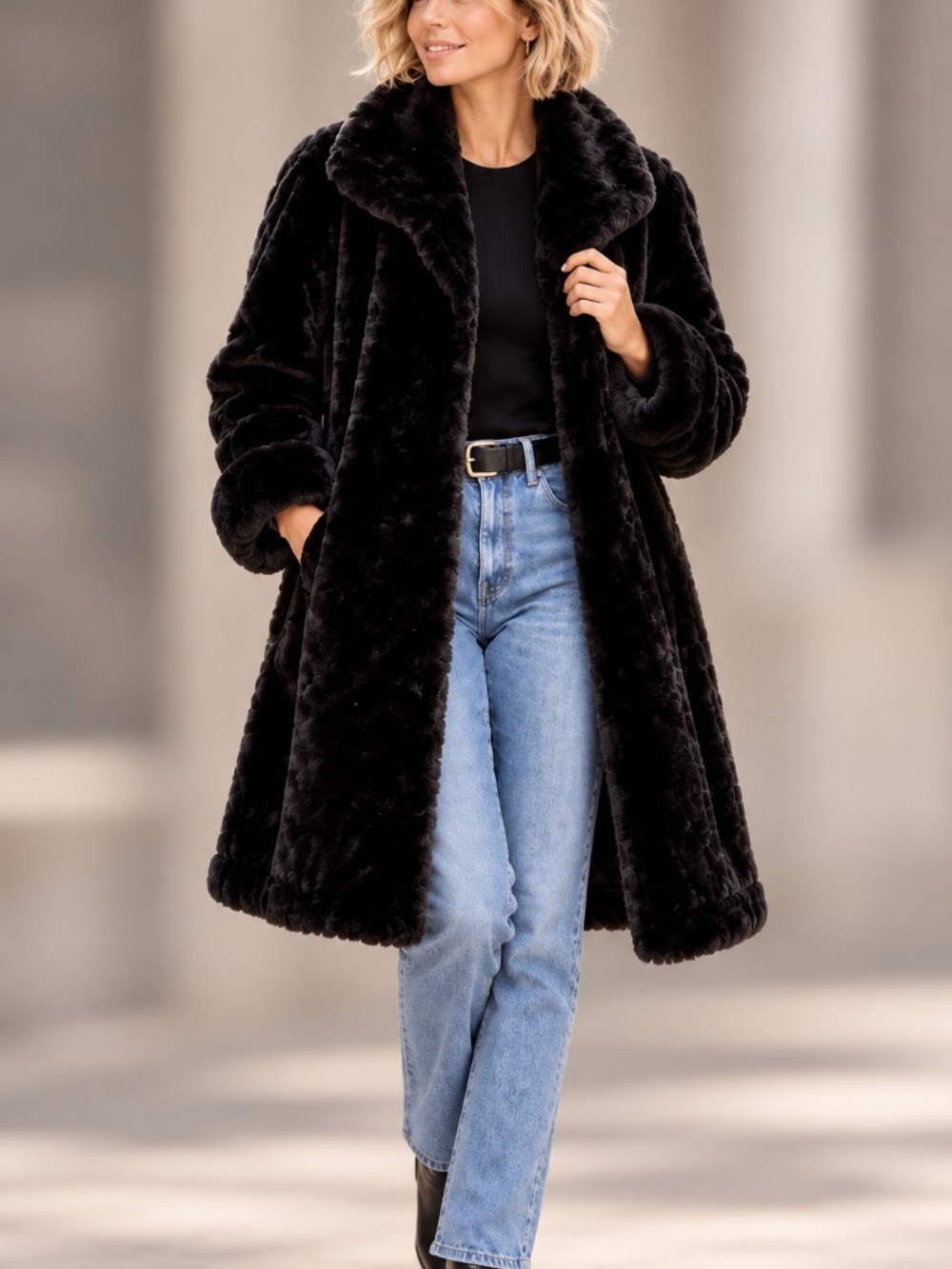 Gallery Luxe Black Faux Fur Coat Oversized Collar Vintage Chic